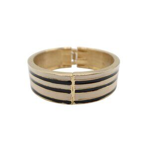 Black & Cream Striped Enamel Hinged Clamper Gold Tone Bracelet Preppy Classic